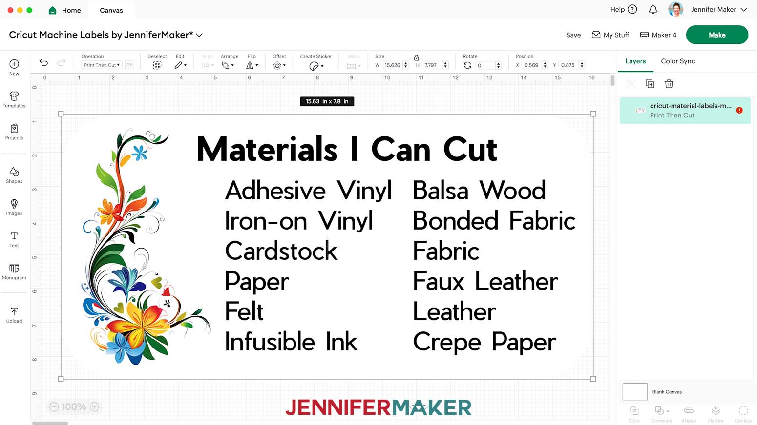 Cricut materials label uploaded to the Design Space Canvas measuring 15.63 in x 7.8 in.