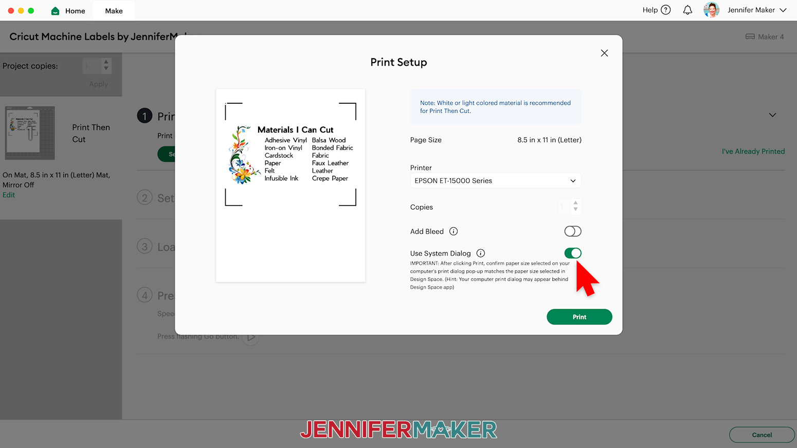 Toggle Add Bleed to the off position and Use System Dialog to the on position and click Print.