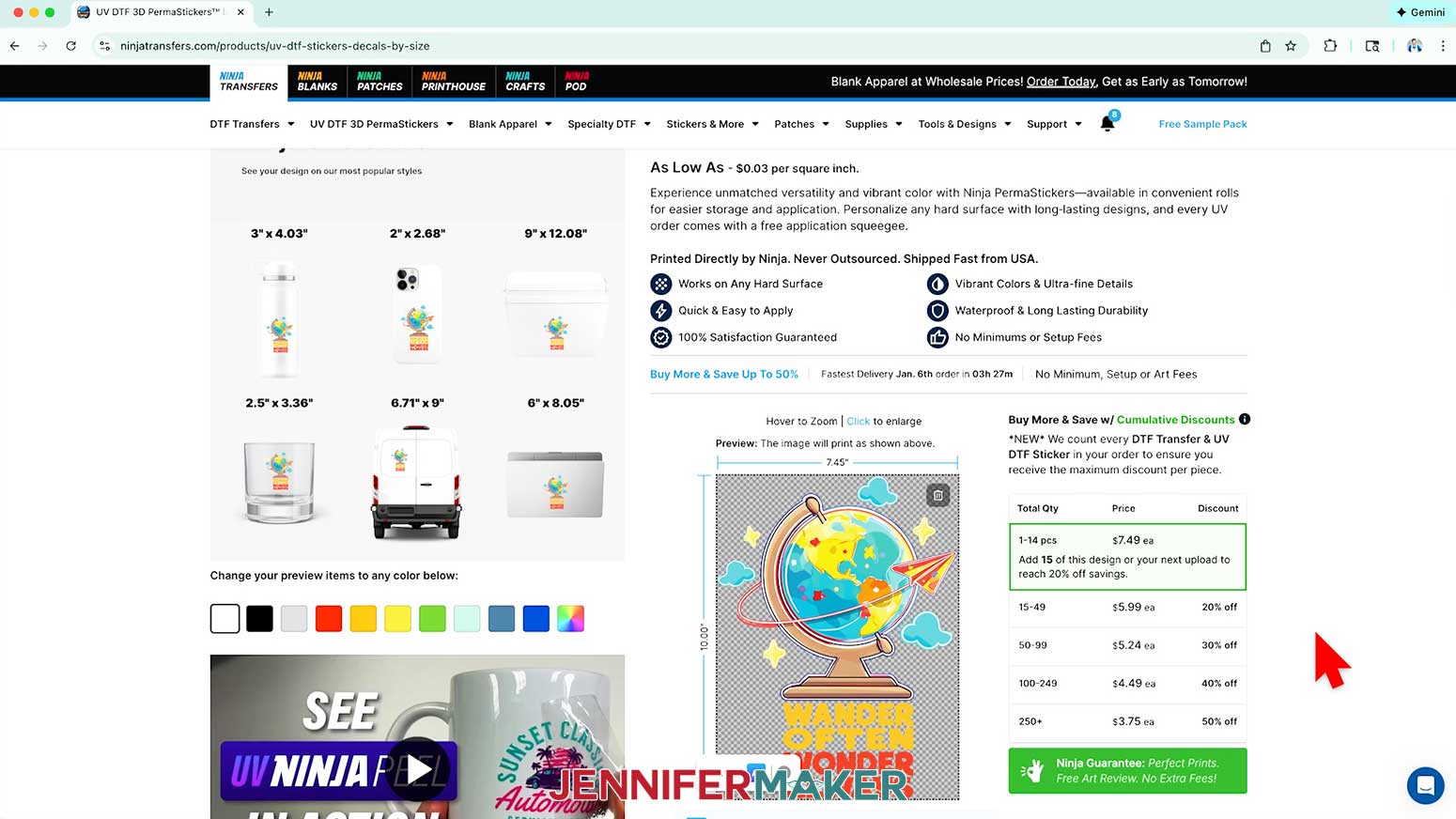 The preview of the UV DTF design will show the maximum recommend size and pricing for various quantities of that size.