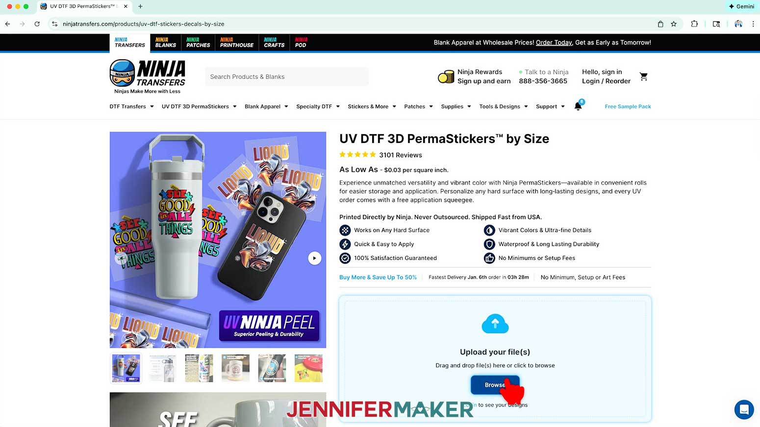 Click Browse on the UV DTF Upload Your Files page on the Ninja Transfer website.