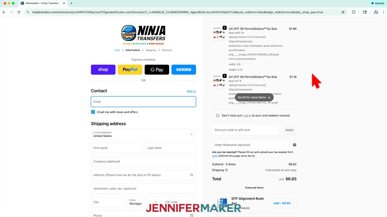 Fill in the order information for the UV DTF design order page.