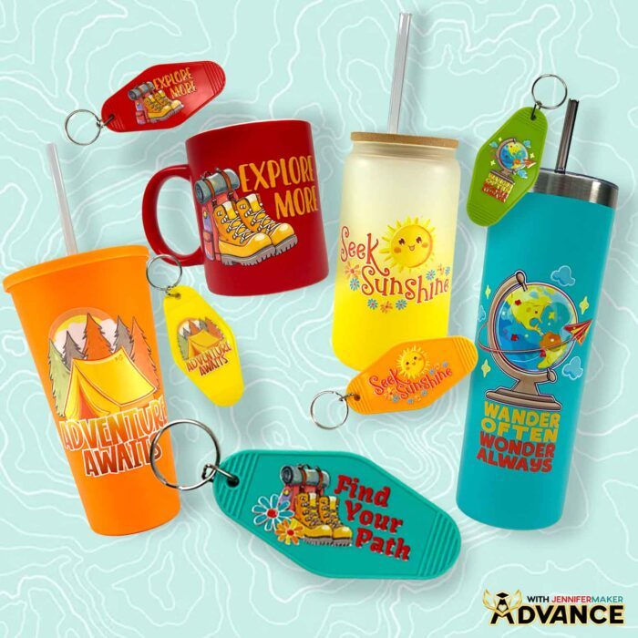 Colorful cups and keychains with UV DTF sticker designs with adventure themes.