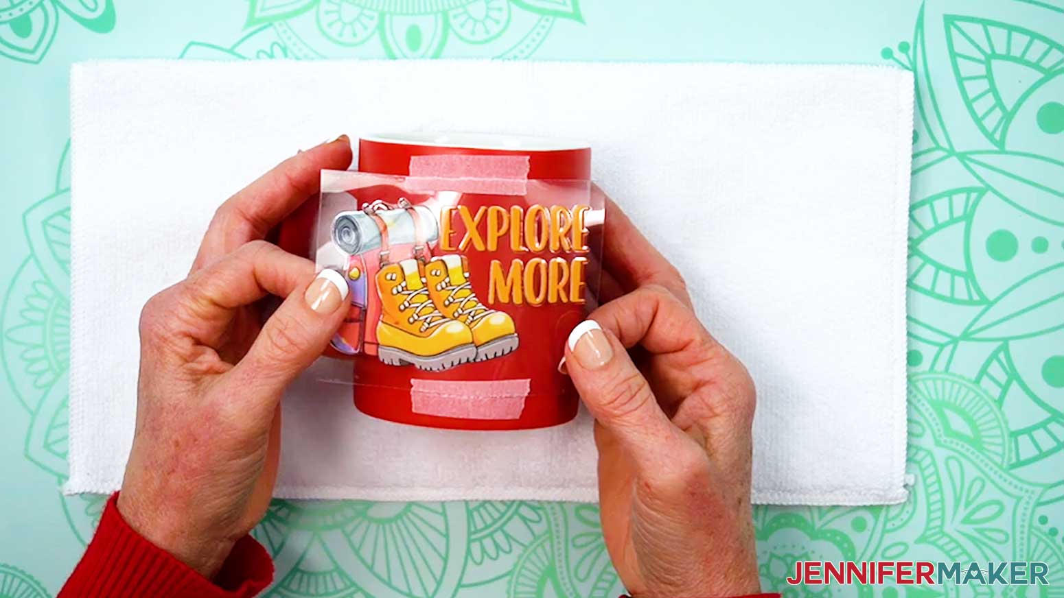 Tear the guide tape at the top and bottom of the blank and UV DTF design to leave pieces of matching tape on both the carrier sheet and the blank.