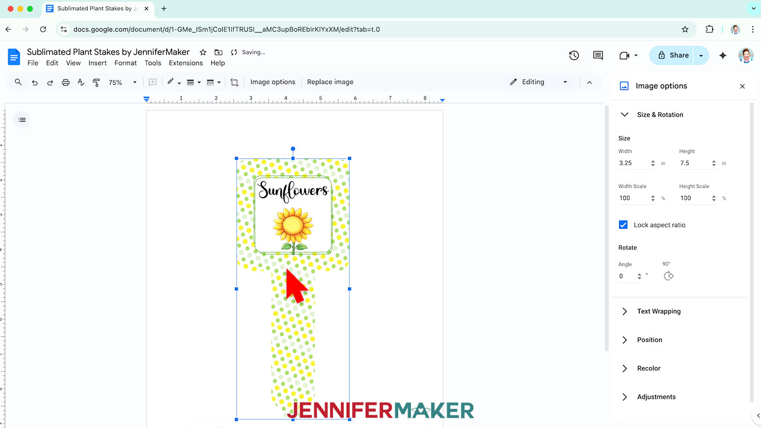 Move the sublimation garden stake design to the center of the Google Docs page.