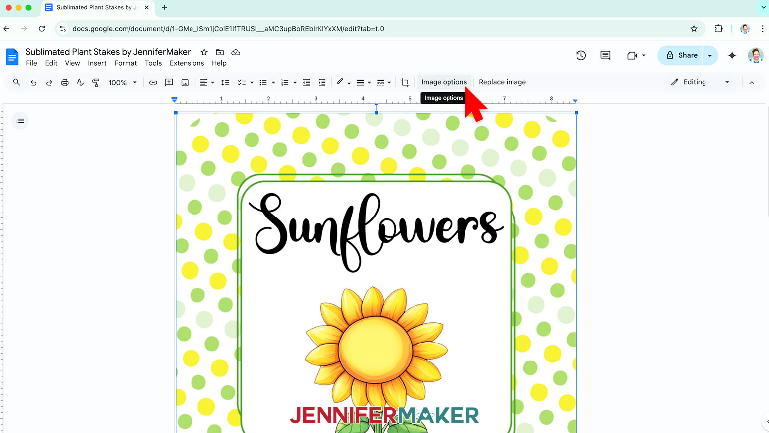 Click Image Options to edit the size of the sublimation garden stake design.