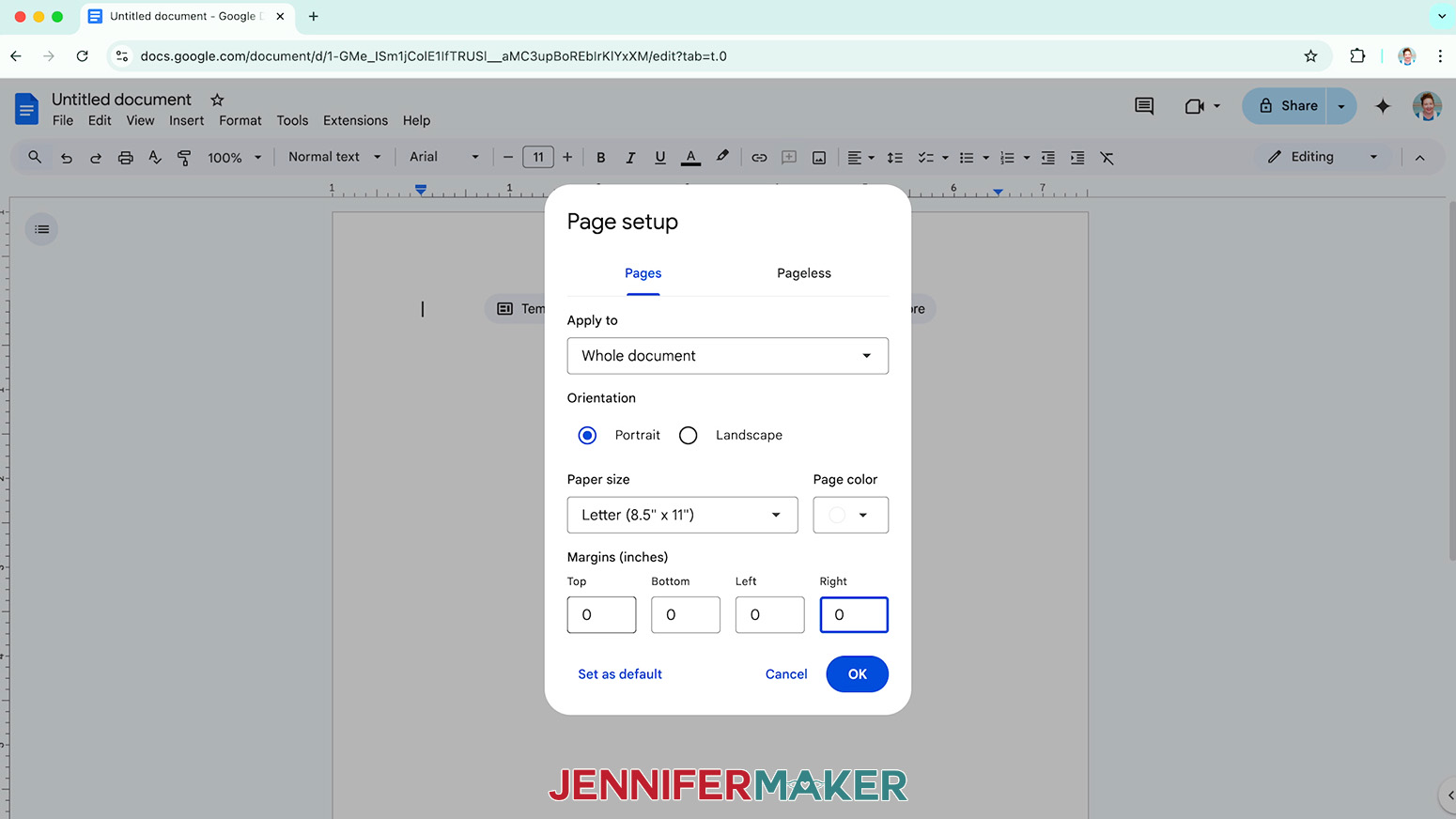 Set the Google doc page to zero margins and letter size for the sublimation garden stake.