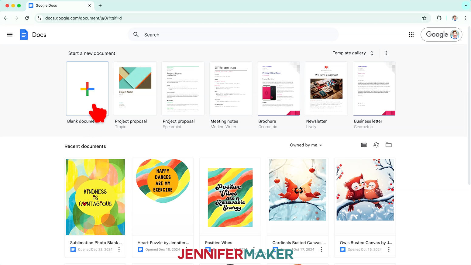 Select the option to create a blank document in Google Docs to prepare to print the image for the sublimation oven mitt.