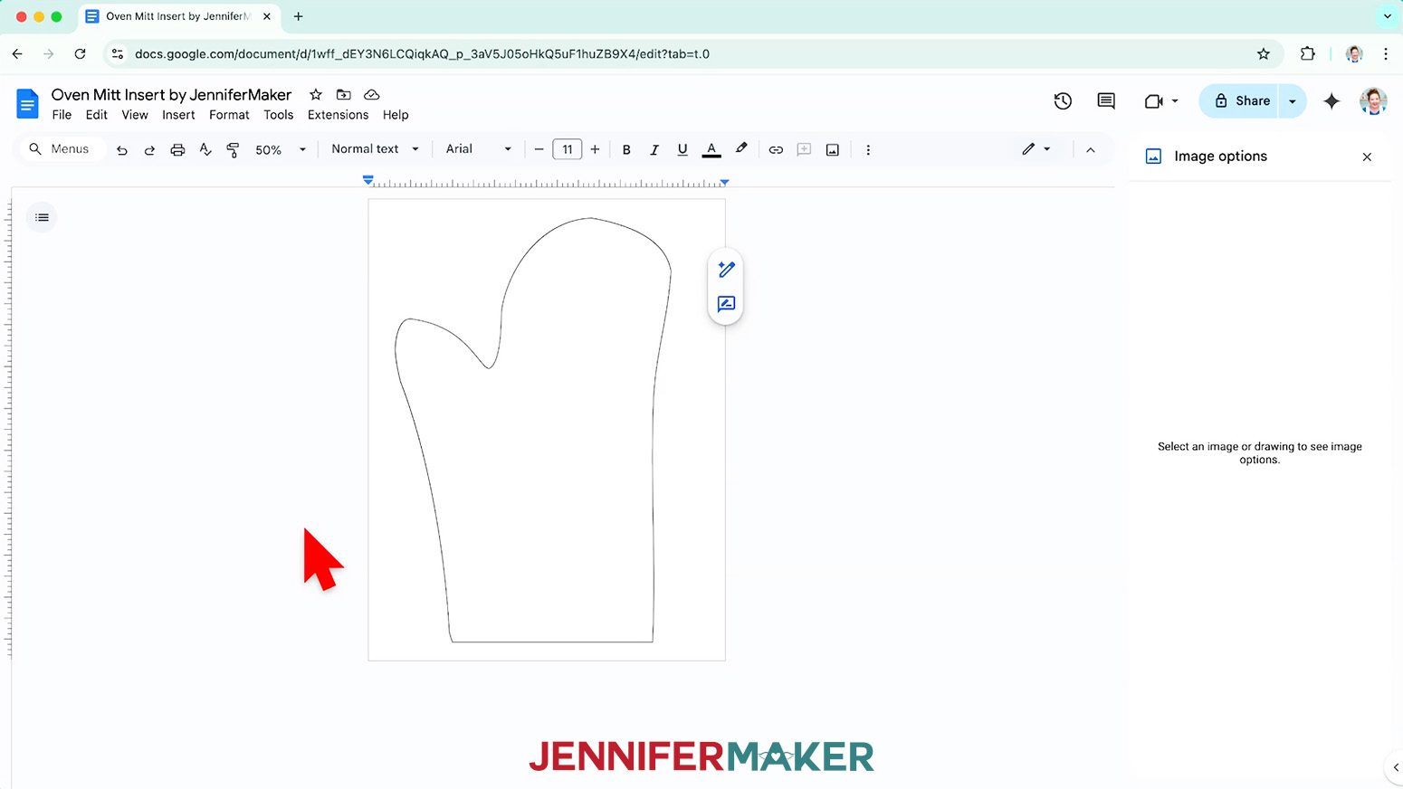 Insert the image of the sublimation oven mitt insert outline into the Google docs document.