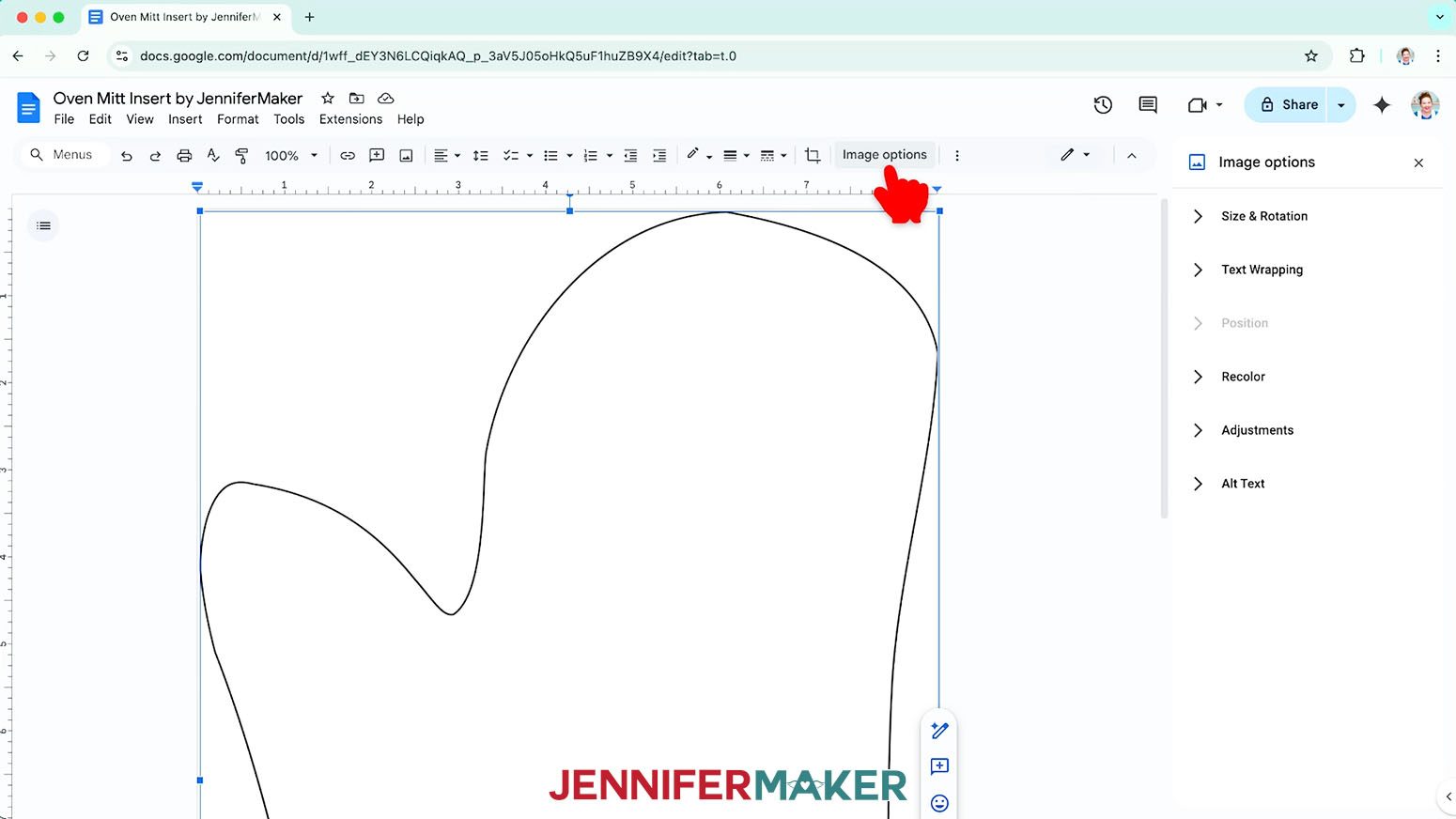 Click the Image Options setting to adjust the size of the oven mitt insert.