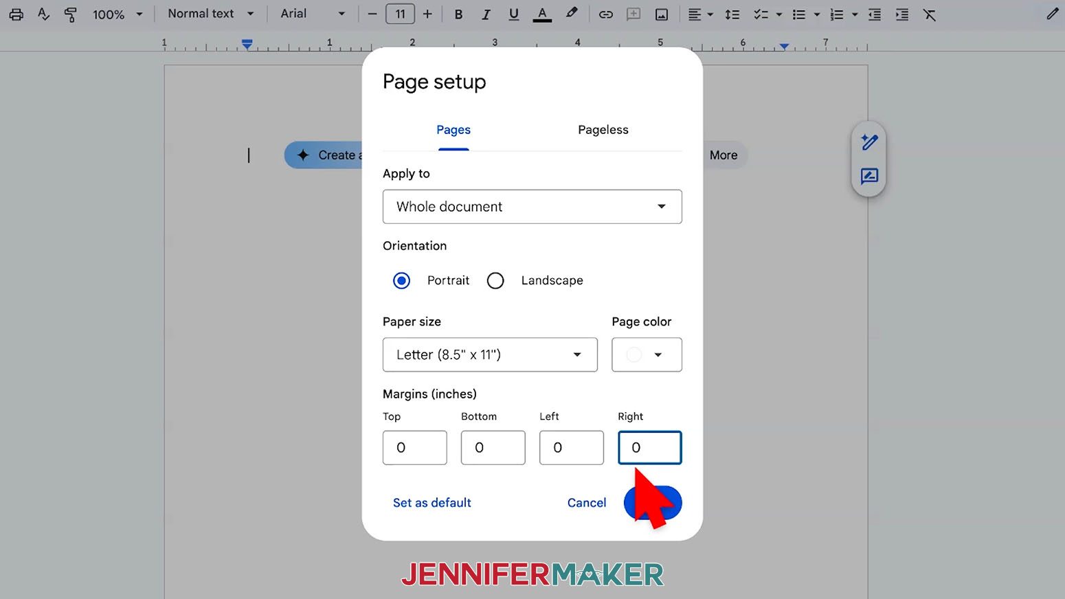 Set the margins of the Google Document to zero for all four sides.