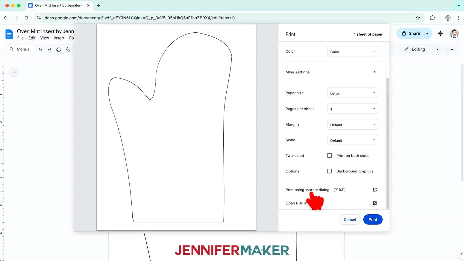 Click the option to print using the system dialogue box to access the advanced print settings.