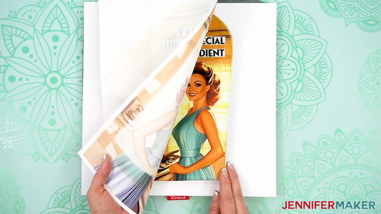 Remove the printed paper from the oven mitt to reveal the finished sublimation design.