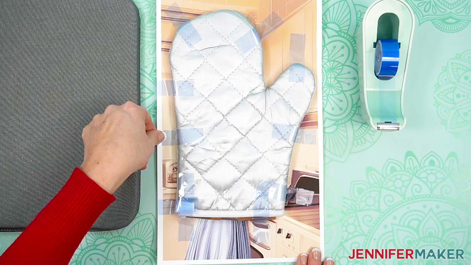 Tape the Oven Mitt to the Sublimation Oven Mitt print by draping the tape over the top.