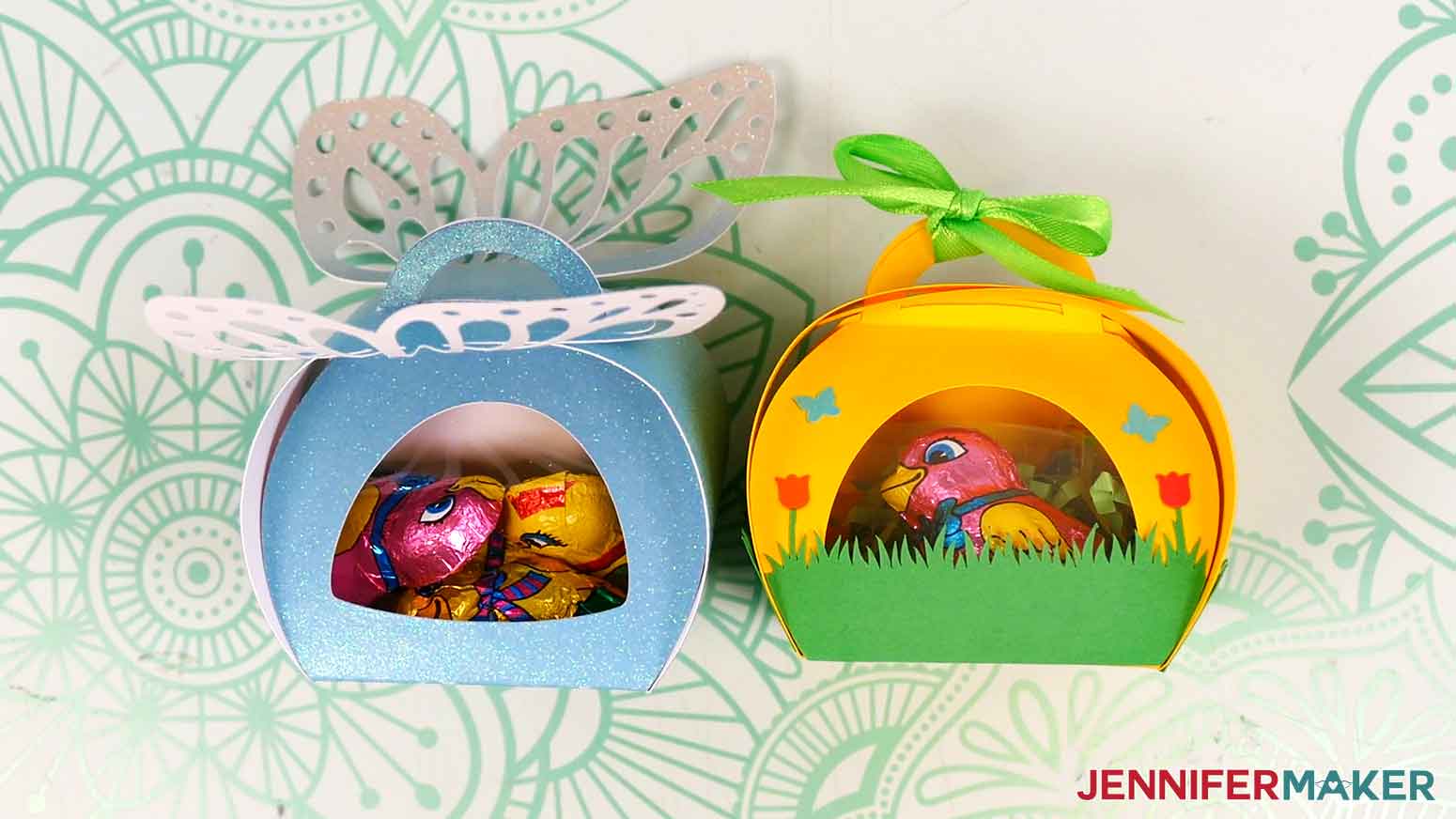 Assembled butterfly and flower window treat boxes.