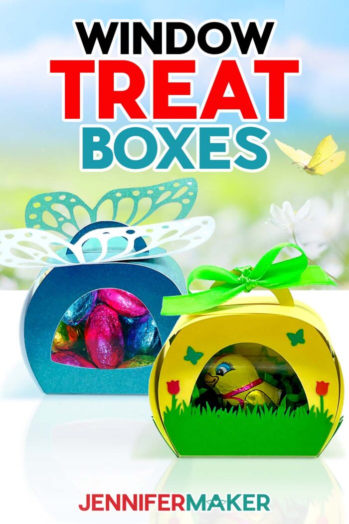 Make spring Window Treat Boxes with the free tutorial and SVG files! A treat box with a butterfly and a window show multicolored candy eggs inside, and a green and yellow treat box holds a wrapped chocolate bird
