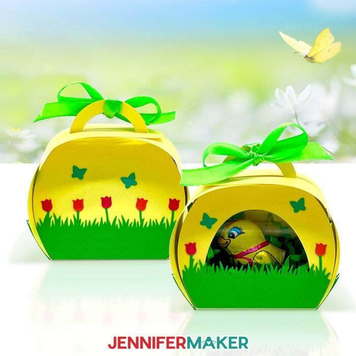 Two Window Treat Boxes, both yellow with green grass, are decorated with orange and red cardstock tulips and show a wrapped yellow chocolate chick through the acetate window