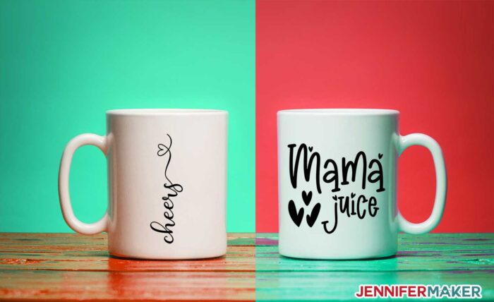 Cheers and Mama Juice decals on white ceramic mugs are fun Cricut mug ideas