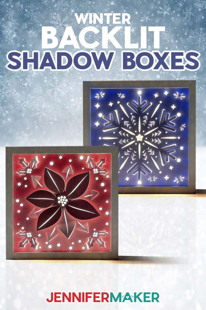 Make Winter Backlit Shadow Box projects with free SVG downloads! One red and one blue shadow box with detailed designs glow softly in the snow 