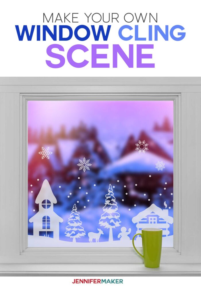 Make Your Own Winter Scene Window Cling with window cling vinyl and a Cricut in this tutorial with free SVG cut files #cricut #window #winter