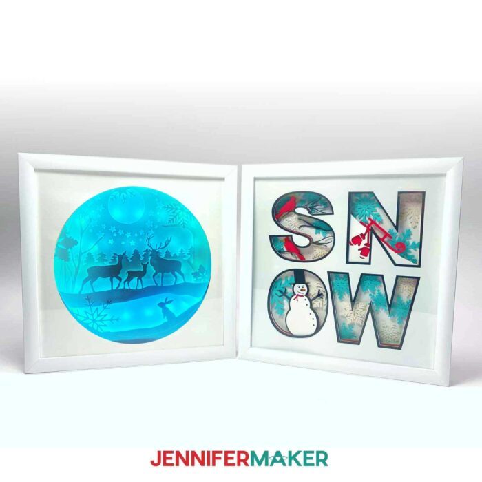 Two winter shadow boxes with a white background