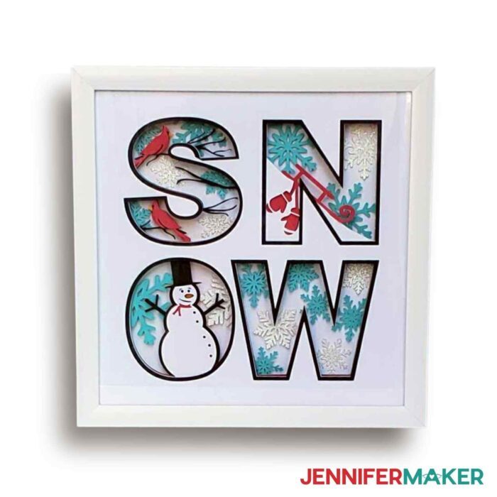 SNOW winter shadow box with winter figures inside the letters