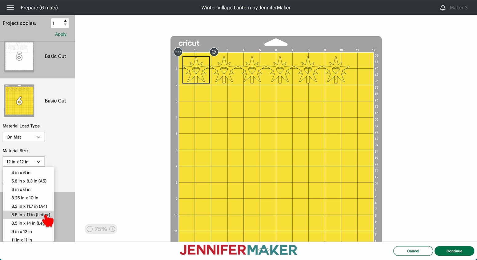 Change the Material Size for the yellow mat to “8.5 in x 11 in (Letter).”