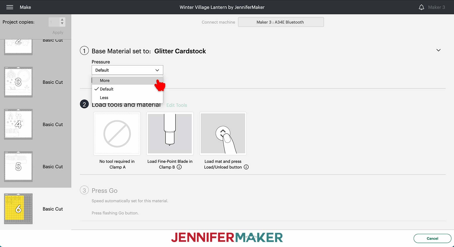 For the yellow mat, search for and select the “Glitter Cardstock” setting. Select “More” for the Pressure.