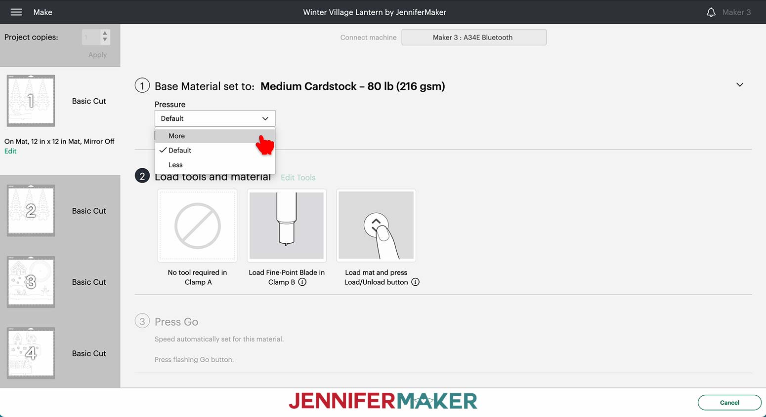 “Medium Cardstock - 80 lb (216 gsm)” setting. Change the Pressure to “More”