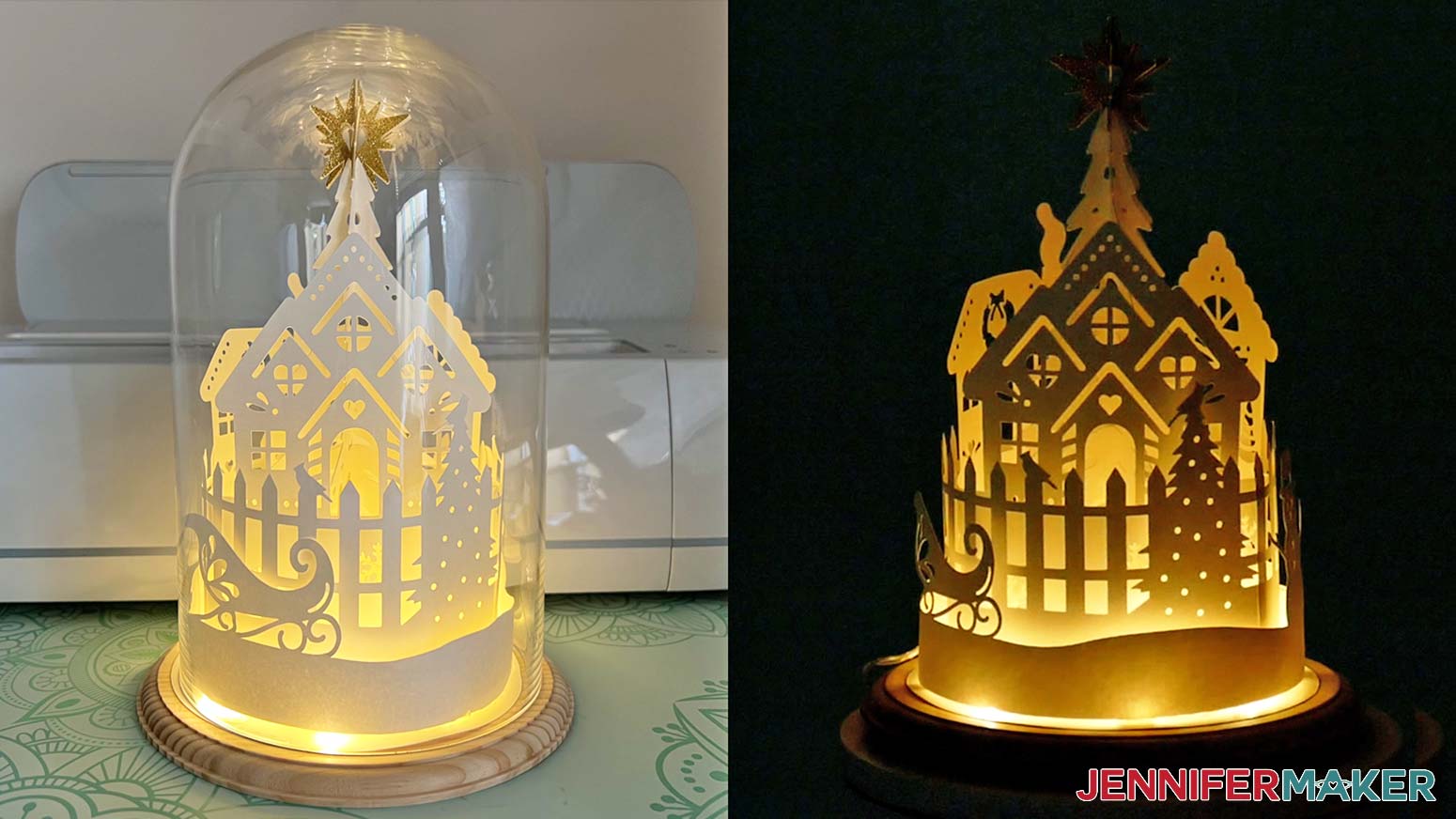 Winter village lantern on display with glass dome and without