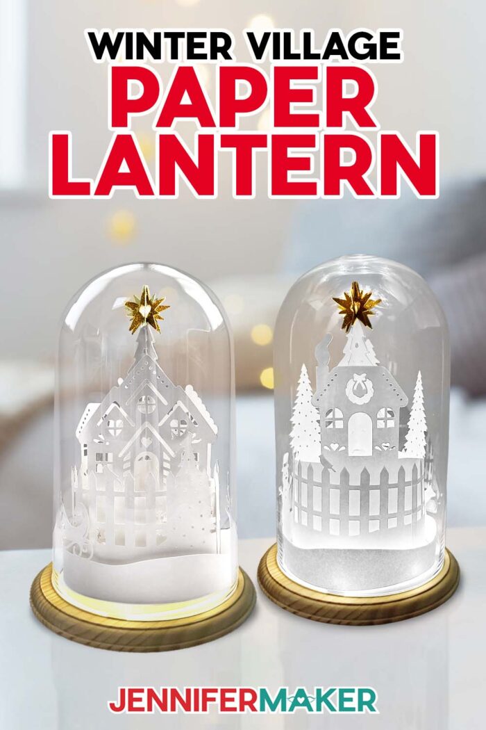 Pinterest pin for Winter Village Paper Lantern by JenniferMaker.