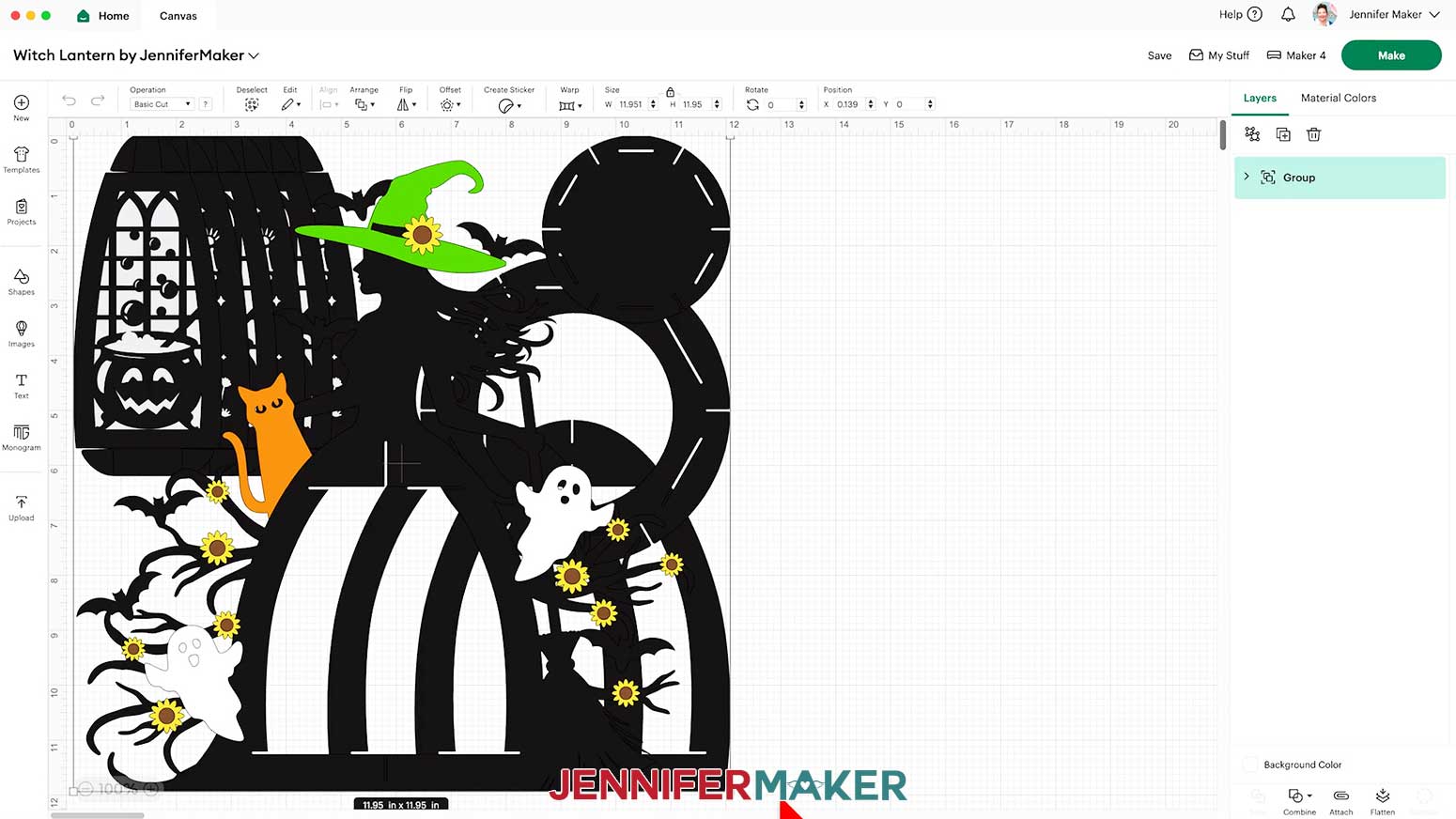 The Witch Lantern design on the Design Space Canvas, with dimensions at 11.95 by 11.95 inches.