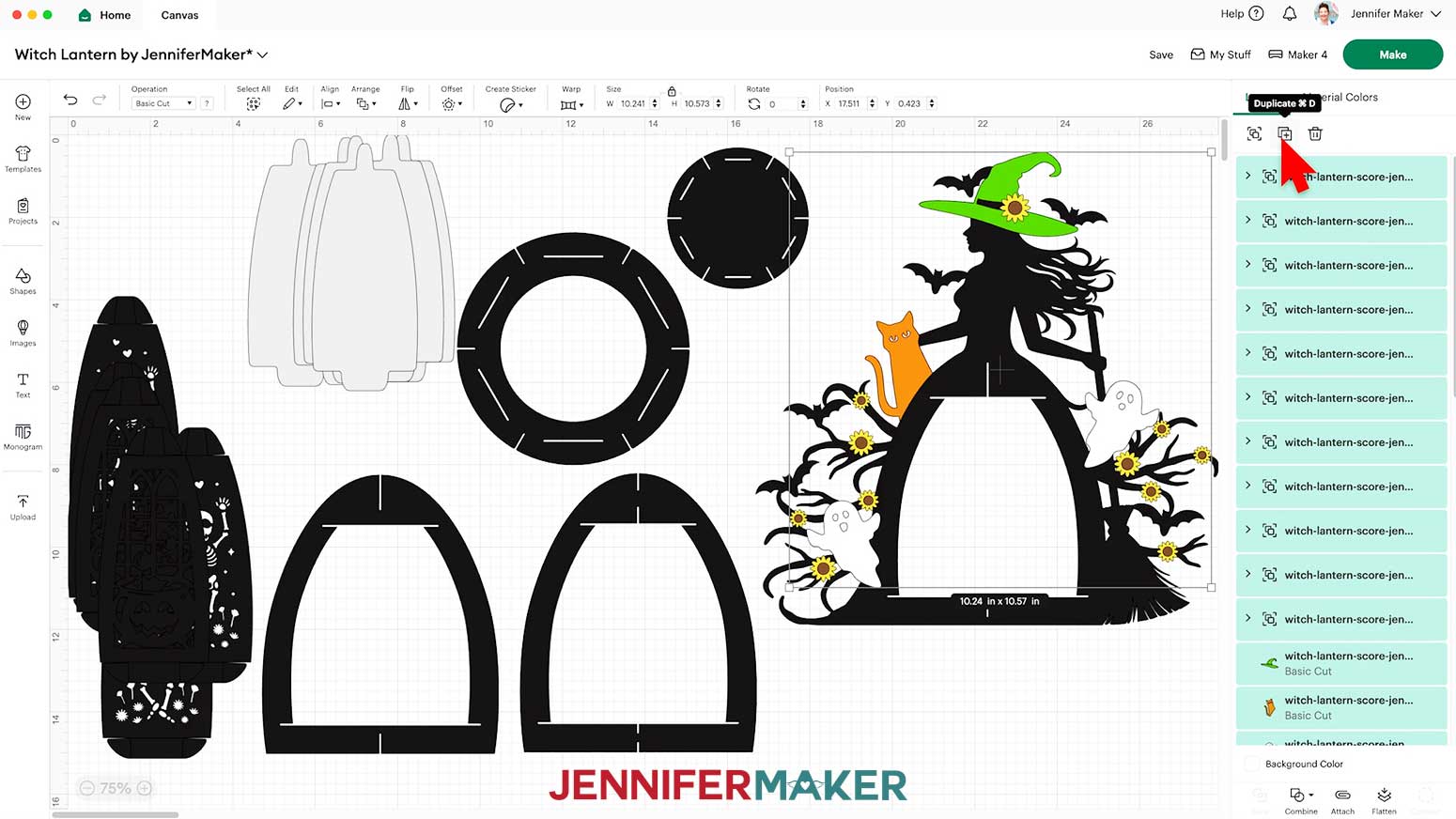 Select the hat, cat, ghost, and sunflower pieces and click the &ldquo;Duplicate&rdquo; icon to create a copy of them.
