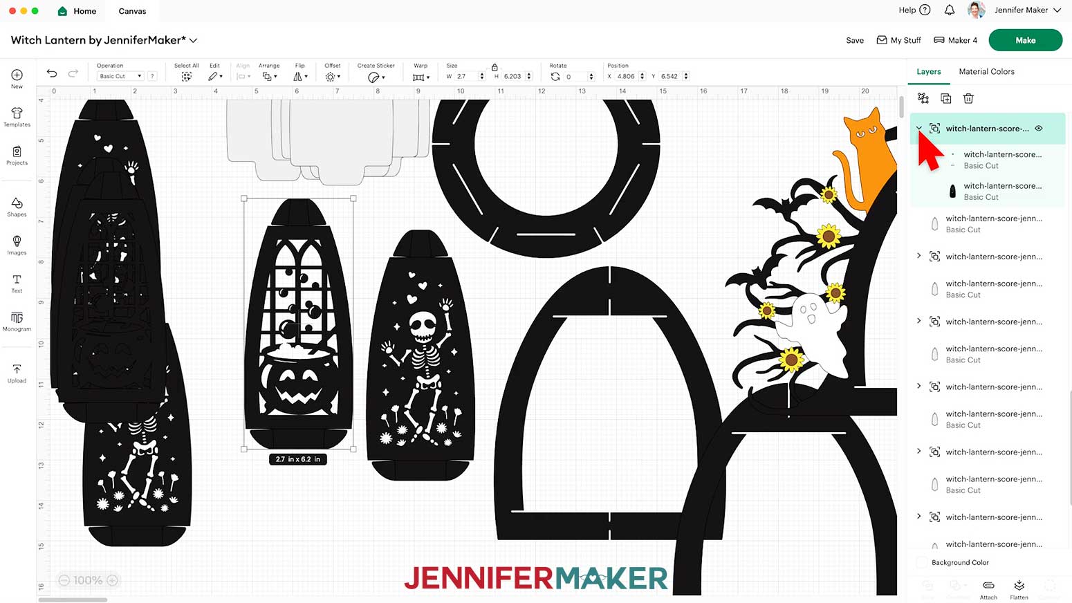 In the Design Space Layers Panel, click the arrow to expand the first Witch Lantern panel group.