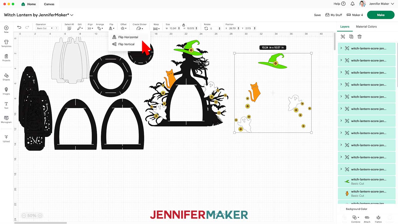 With the duplicated hat, cat, ghost, and sunflower pieces selected, click &ldquo;Flip&rdquo; and &ldquo;Flip Horizontal.&rdquo;