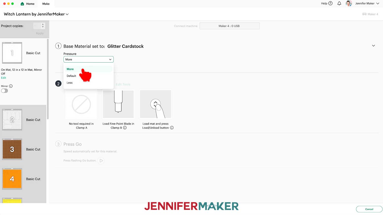The &ldquo;Glitter Cardstock&rdquo; material setting with &ldquo;More&rdquo; pressure in Cricut Design Space.