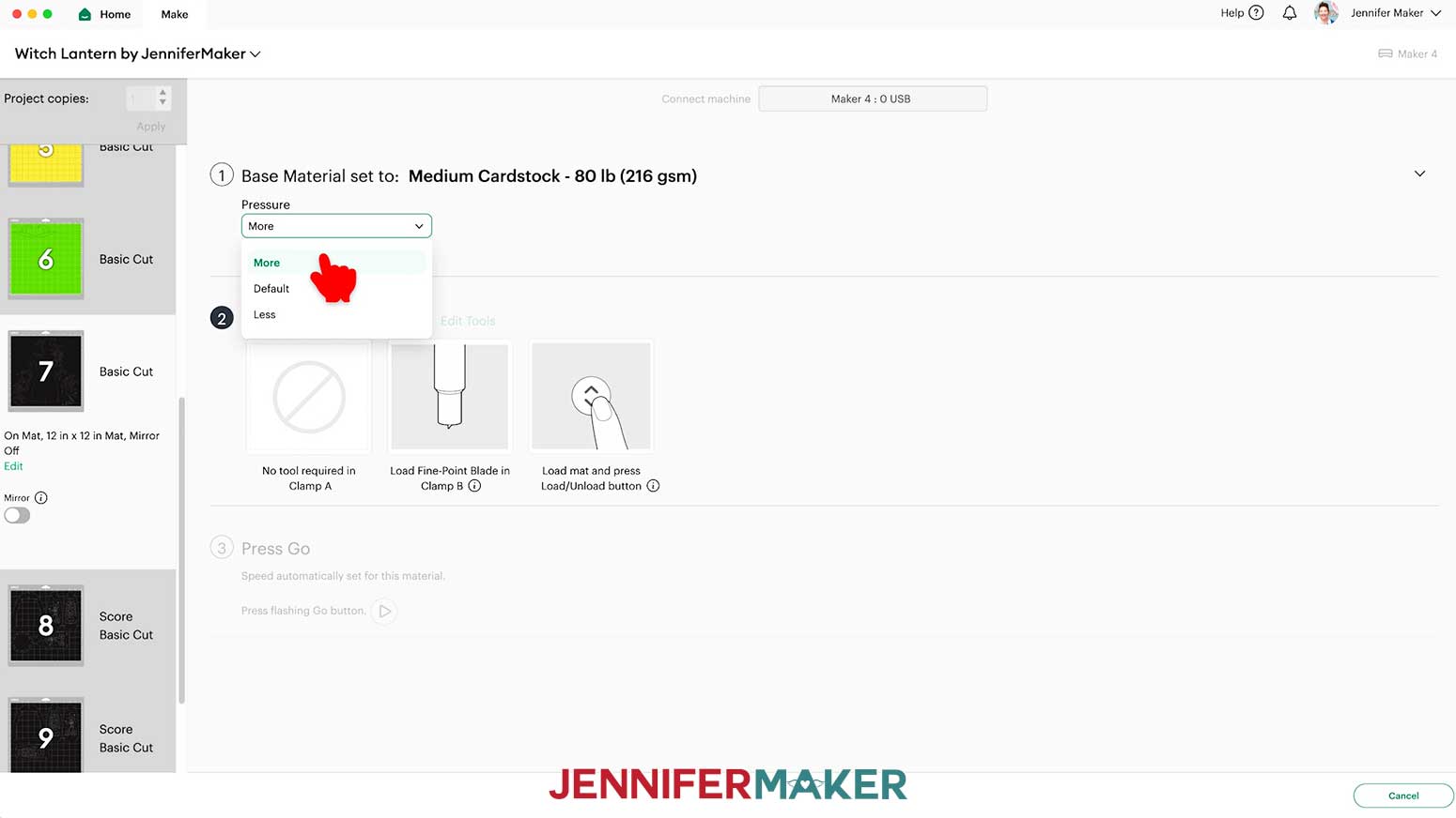 The &ldquo;Medium Cardstock - 80 lb (216 gsm)&rdquo; Base Material setting with &ldquo;More&rdquo; pressure in Cricut Design Space.