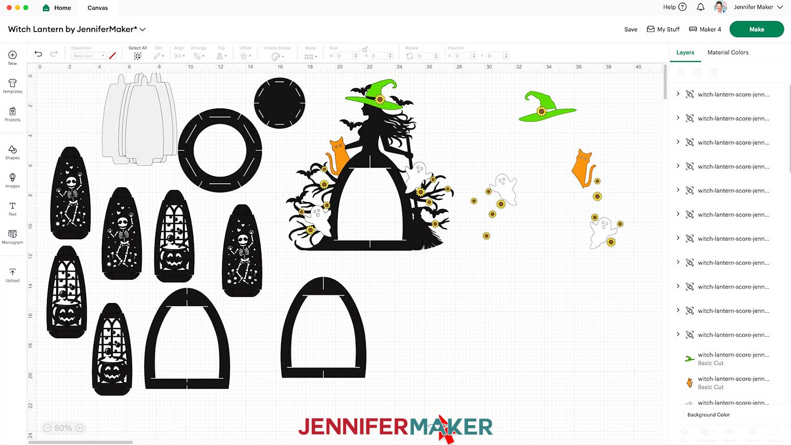 The Witch Lantern design prepared and ready to cut on the Design Space Canvas.