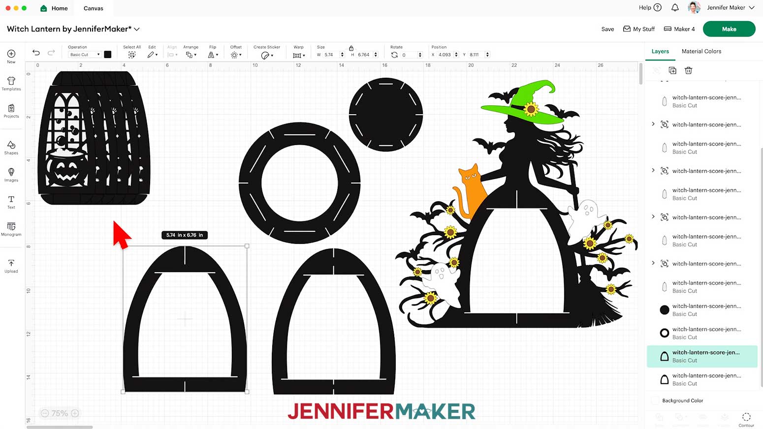 In Cricut Design Space, ungroup the Witch Lantern design and drag the pieces apart.