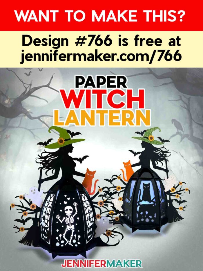 Want to make this? Design #766 is free at jennifermaker.com/766. Two enchanting Paper Witch Lantern designs lilluminated against a spooky forest background, made of black cardstock with colored details and glowing cutout panel designs
