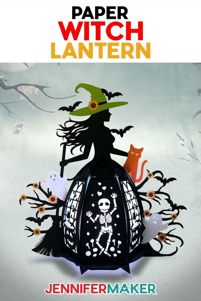 Two pretty yet spooky Paper Witch Lantern designs lilluminated against a misty forest background, made of black cardstock with colored details. Learn how to make your own in the free tutorial with my free files!