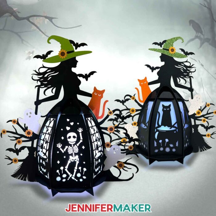Two enchanting Paper Witch Lantern designs lilluminated against a spooky forest background, made of black cardstock with colored details and glowing panels featuring skeletons and a cat with a cauldron