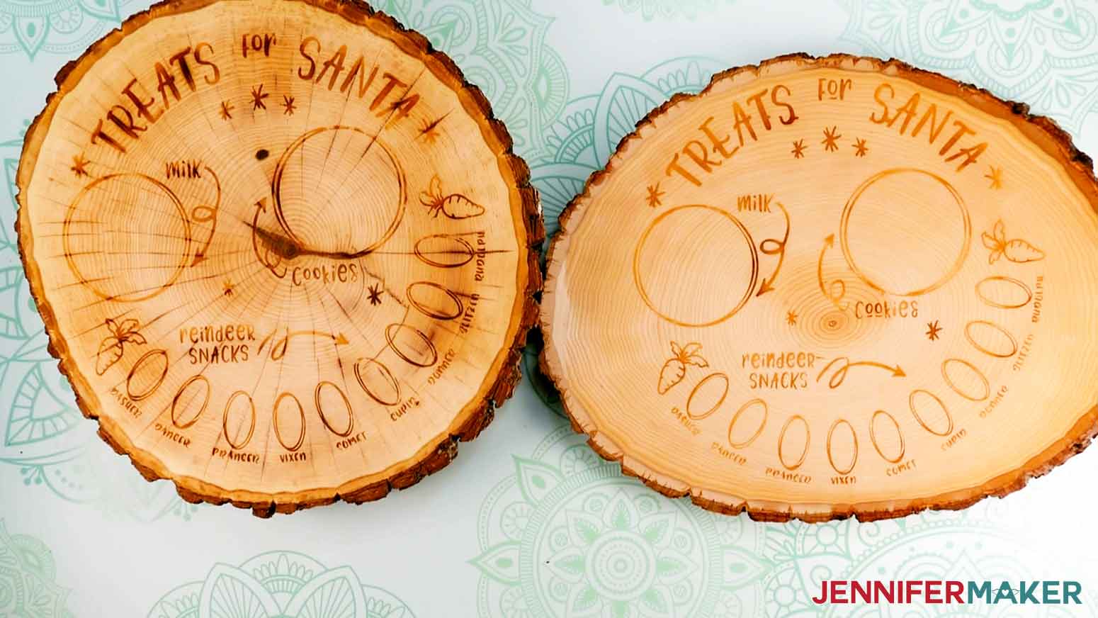 Grain comparison of wood burned design on Santa cookie tray