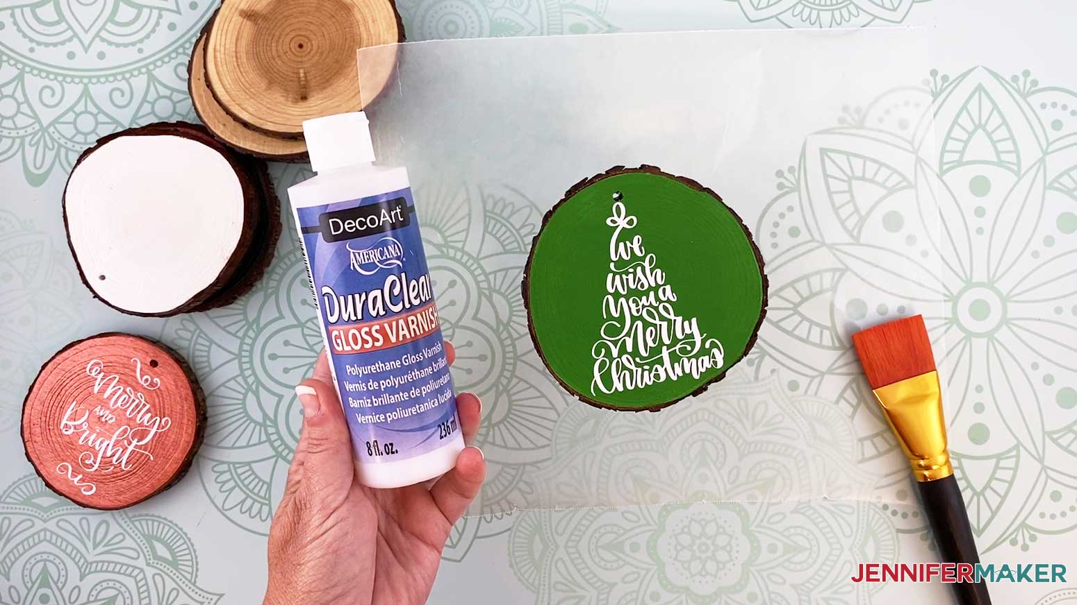 Grab DuraClear Gloss Varnish for the wood slice ornaments