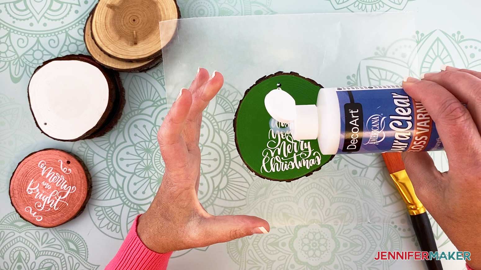 Pour a quarter-size dot of DuraClear Gloss Varnish on wood slice ornament